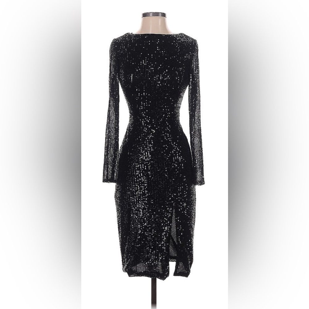 Leena MAC DUGGAL Dress Size 0 Evening Gown Sequin Black Sequin Midi Sheer Sleeve